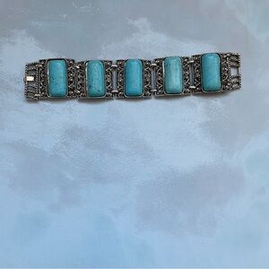Howlite Turquoise Silver Color Women's Chunky Link Bracelet Sz 6.5